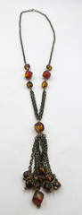 VTG MODERN brown Amber color Bronze tne BEAD TASSEL PENDANT LIGHTWEIGHT Necklace