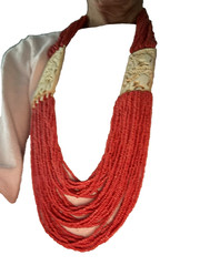 VINTAGE TAMBA GLASS BEADED Coral Necklace With IVORY insets.