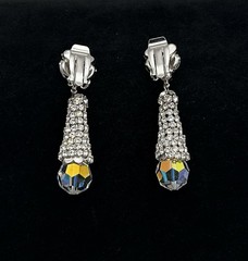 Vtg-CLEAR Rhinestone-Floral-AURORA BOREALIS-Dangle-Clip-on EARRINGS-Pat Pending