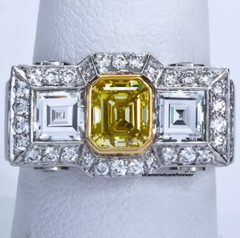Classic Fancy Intense Yellow Emerald-Cut Citrine & Old Mine Cut CZ Art Deco Ring
