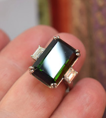 Rare Platinum 17.48 tcw Emerald Cut Green Tourmaline Diamond 3 Stone Ring sz 6