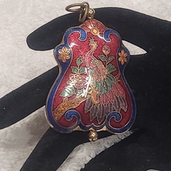 Vintage Cloisonne Pendant Peacock Bird Floral Red Blue Gold Tone 2in.