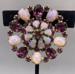Vintage Signed WIESNER Faux Pink Fire Opal Purple Rhinestone Brooch Pendant