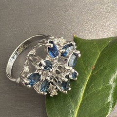 Vintage Spray Ring Estate Fine Jewelry Sz 7 18K White Gold Plated Blue Marquise