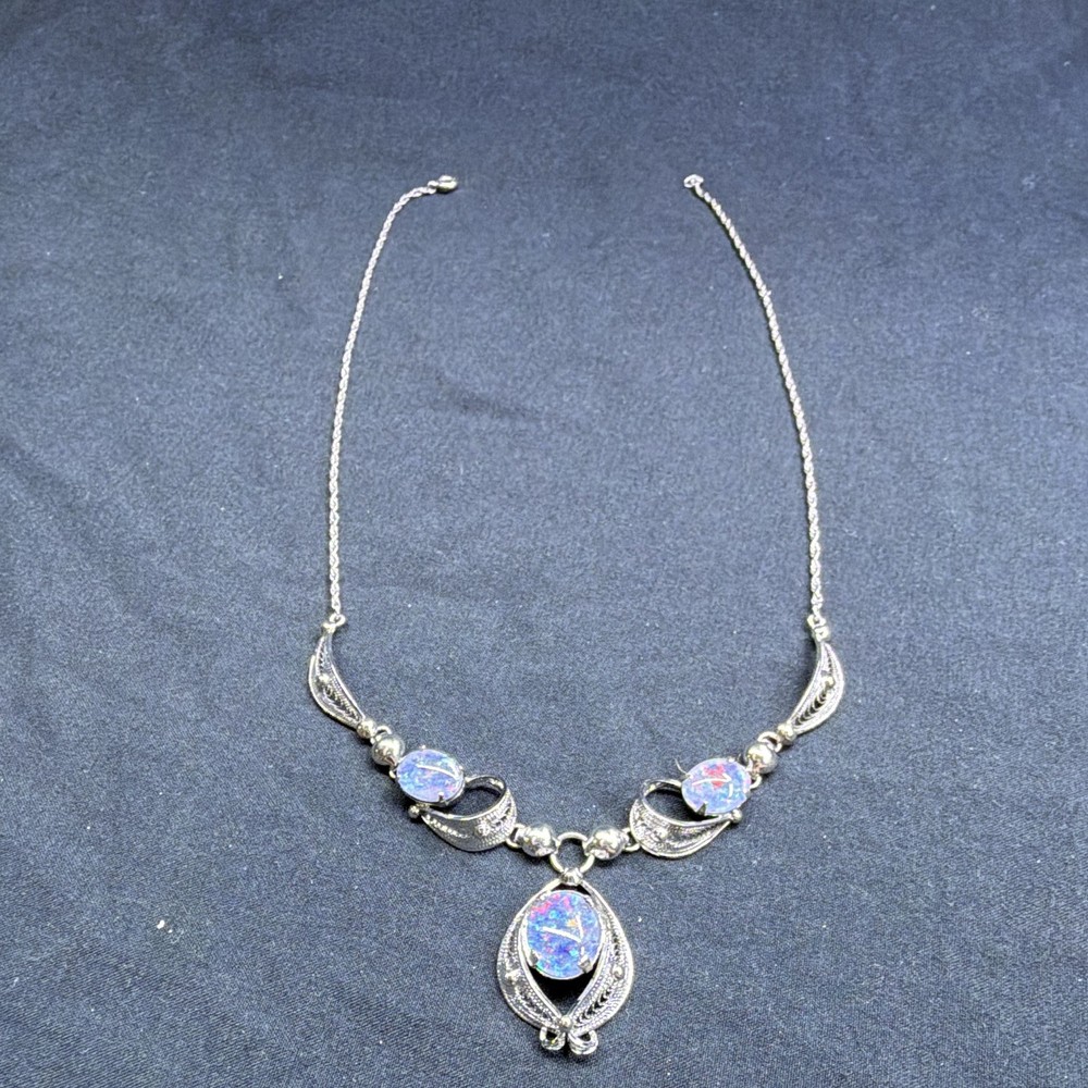 Sorrento Signed Sterling Silver Rope Necklace Teardrop Pendant Blue Oval Stone