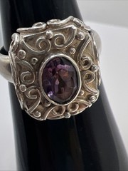 Vintage Sterling Silver 925 Ornate Filigree Bezel Amethyst Ring