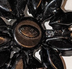 Vintage Weiss Black Rhinestone Mourning Flower Brooch Japanned Back Signed