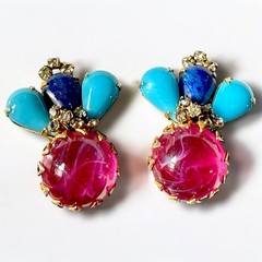 Scaasi Earrings Signed Poured Glass Clip On Pink Turquoise Vintage Statement