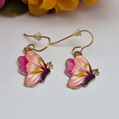 Pink Purple Enamel Butterfly Dangle Earrings Gold Tone French Hook 21mm Vintage