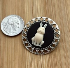 Bunny Rabbit Cameo Brooch Pin, Silver Vintage Style Pin, Cream/Dark Brown