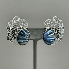 Sarah Coventry Vintage Carousel Earrings Blue Cabochon Silver Tone Filigree Clip