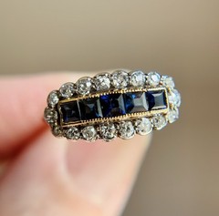 Antique 14K Gold Sapphire & Diamond Saddle Ring Victorian Edwardian Estate 7.25