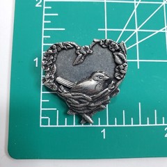 Vintage Birds & Blooms Pewter Heart with Bird in a Nest Brooch Pin Jewelry