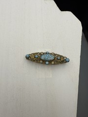 Czech Vintage Turquoise Blue Glass Cabochon Brass Filigree Brooch Pin 2.25”