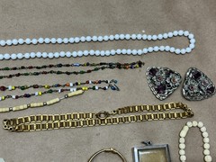 Nice Lot of Antique Jewelry – Glass Beads, Rhinestones, Hand Carved
