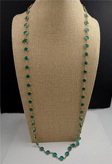 Vintage Swarovski Swan signed Teal Crystal Bezel Set Gold Tone Necklace 36″ L.