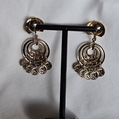 Vtg Faux Mercury Dime Coin Dangle Hoop Screw Back Earrings 2″ Drop