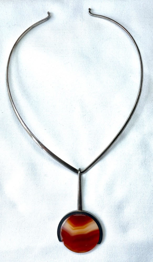 WHITTA Denmark Sterling Bold Agate Necklace Danish Modern Mid Century Pendant