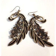 Vintage Bronze Leaf Hook Earrings Marcasite Stones- Boho Chic Statement Jewelry