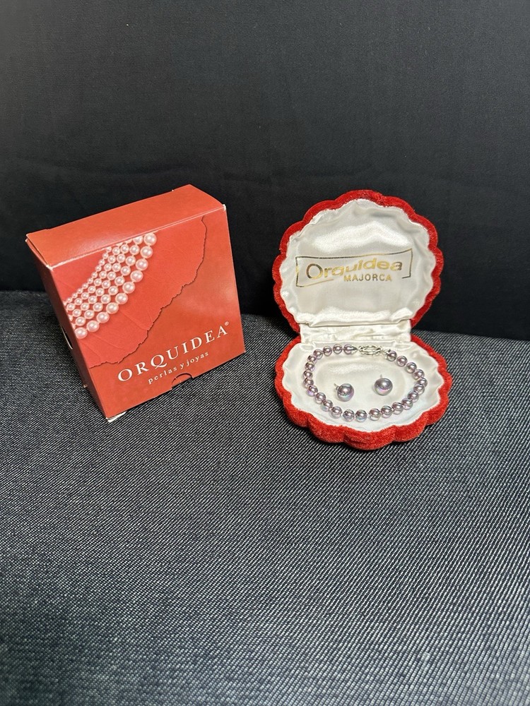 Vtg Orquidea Majorca Pearl Bracelet & Earring Set .925 Sterling Silver BOXED