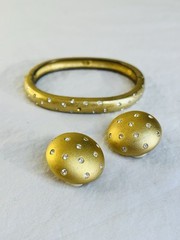 Vintage Swarovski Set Bracelet and Clip Earrings Matte Gold Tone Polka Dots