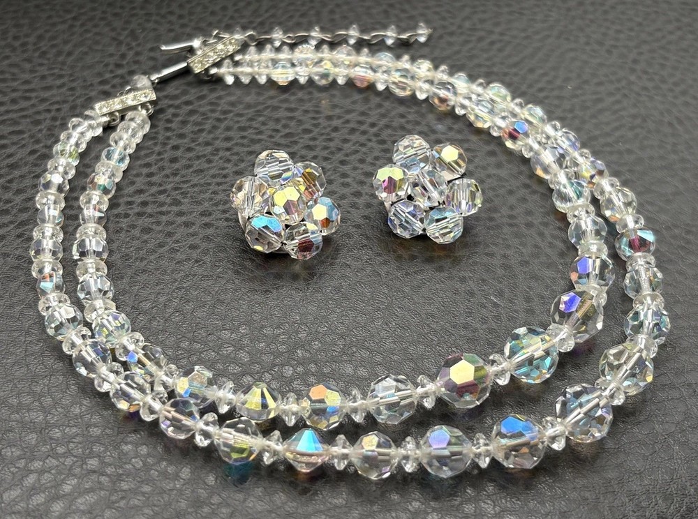 Vintage Aurora Borealis Crystal 2 Double Strand Necklace & Clip-On Earrings Set