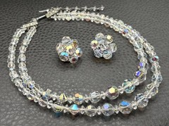 Vintage Aurora Borealis Crystal 2 Double Strand Necklace & Clip-On Earrings Set