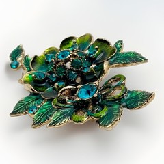 Vintage Signed Monet Peacock Green Enamel Floral Brooch Teal Rhinestones