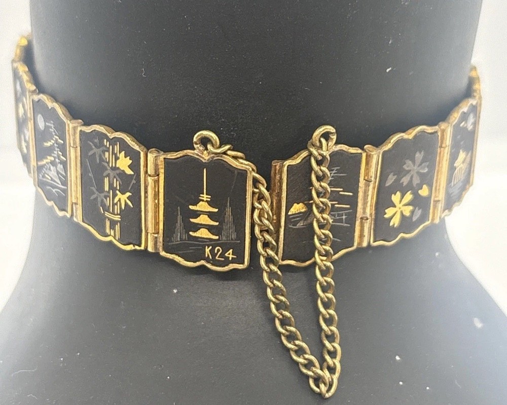 24K Gold- Plated Damascene Panels Bracelet Vintage Japanese 7” W/Safety Chain