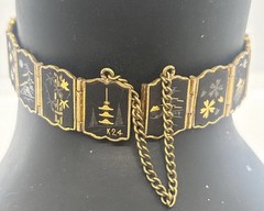 24K Gold- Plated Damascene Panels Bracelet Vintage Japanese 7” W/Safety Chain