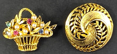 LOT* Vintage Gerrys Pastel Rhinestone Pearl Bouquet Basket, Round gold Brooch jm