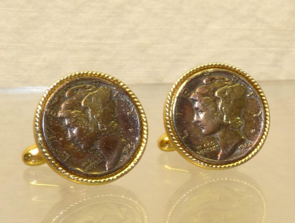 Vintage Pair Silver Mercury Head Dime 1943 & 1944 Cufflinks Gold Tone Settings