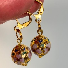 Vintage Cloisonne Dangle Earrings Gold Floral Enamel Glass Bead Boho Chic