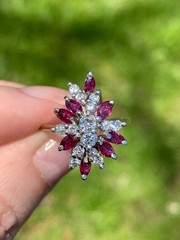VINTAGE 14K WHITE GOLD RUBIES DIAMONDS CLUSTER SPRAY COCKTAIL RING STATEMENT