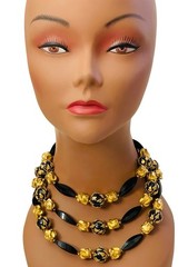 VTG DEAUVILLE LUCITE BLACK GOLD TRIPLE STRAND BEADS METAL SIGNED NECKLACE 12-14”
