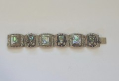 Taxco Mexican Sterling Silver Abalone Link Bracelet JPR Eagle Mark Signed 51 Grm