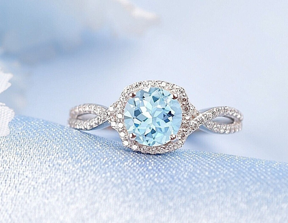 Round Cut Aquamarine Halo Engagement Ring Wedding Ring Anniversary Gift For Her