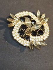 Vintage Rhinestone Brooch Prong Set Gray Black Clear Gold tone Stunning Sparkle