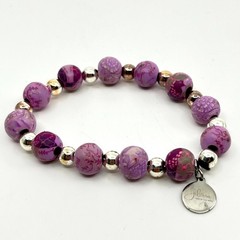 VTG Jilzara Y2K Purple Floral Polymer Clay Bead Stretch Bracelet Silver Accents