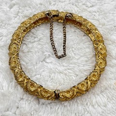 Vintage Hinged Bracelet Textured Gold Tone Etruscan Revival Safety Chain