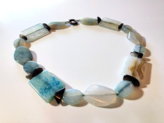 Vintage Aquamarine, Amazonite, & Smoky Quartz Gemstone Glass Chunky Necklace 16″