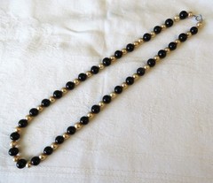 Vintage Necklace Beads Black Gold Strand 23″ Spring Ring Clasp
