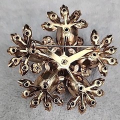 Vintage gold-toned Brooch featuring Ruby Red Navette and round Aurora Borealis