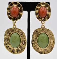 Vintage Cabochon Clip Earrings Antiqued Gold Burnt Rust Green Chunky 80s BinA13