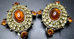 CLAIRE DEVE Paris France Amber Crystal Glass 1990’s Clip Earrings W/ COA!