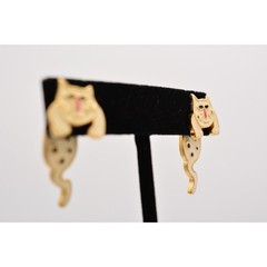 Vintage Cat Earrings Back Front Cool Off White Black Spotted Enamel 1990s BinH