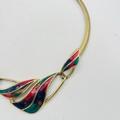 Vintage Necklace Earrings Set Enamel Omega Chain Gold Tone Pink Purple Green