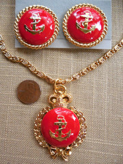 Vintage NOS Quality Nautical red enamel gt Anchor Crown necklace earring set D62