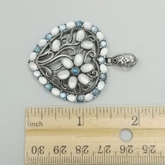 Vintage Sterling Silver Floral Heart Pendant Blue Glass Cabochon Filigree 2 Inch