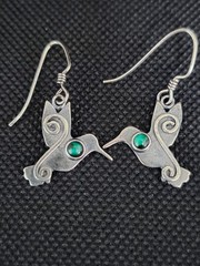 Vintage Green Eyed Hummingbird Dangle Earrings 925 Sterling Silver 1 3/8″ Drop